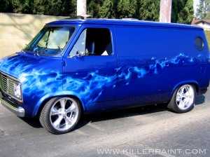 Blue True Fire Chevy Van by Mike Lavallee of Killer Paint for Overhaulin with Chip Foose